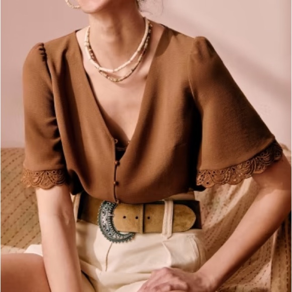 Sezane Brown V‑Neck Lace Trim Blouse
